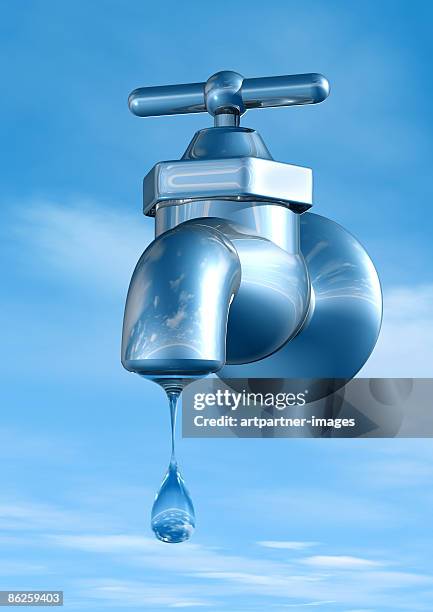 faucet or water tap with a drop of water - blue sky stock illustrations