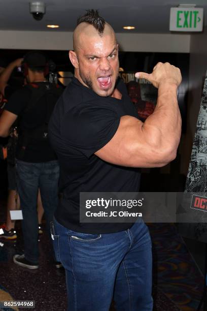 American professional wrestler Brian Cage attends El Rey Network's "Lucha Underground" Season 3 Finale 4DX Screening at Regal LA Live Stadium 14 on...