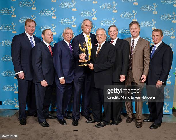 Roger Goodell, Gary Bettman, David Stern, Dick Ebersol, Frank Radice, Bud Selig, Brian France and Tim Finchem attend a portrait session during the...