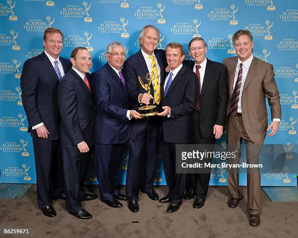 Roger Goodell, Gary Bettman, David Stern, Dick Ebersol, Bud Selig, Brian France and Tim Finchem attend a portrait session during the 30th annual...