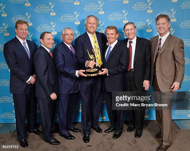 Roger Goodell, Gary Bettman, David Stern, Dick Ebersol, Bud Selig, Brian France and Tim Finchem attend a portrait session during the 30th annual...