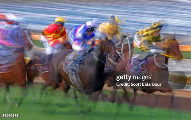 horse race. jockeys riding horses, blurred motion - five animals stock pictures, royalty-free photos & images
