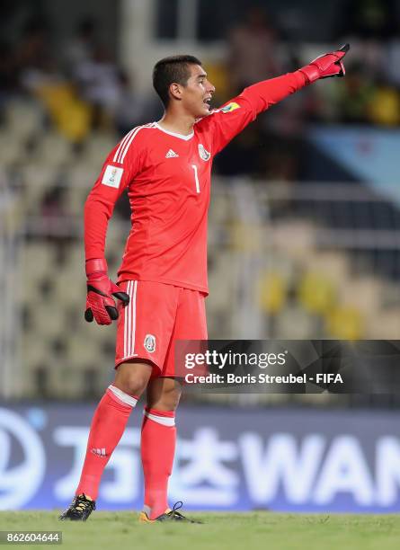 Goalkeeper Cesar Lopez of Mexico gestures during the FIFA U-17 World Cup India 2017 Round of 16 match between Iran and Mexico at Pandit Jawaharlal...