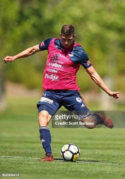 Mitch Austin of the Victory controls the ball during a Melbourne Victory A-League training session at Gosch's Paddock on October 18, 2017 in...