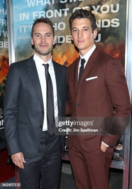 Actors Taylor Kitsch and Miles Teller attend the "Only The Brave" New York screening at iPic Theater on October 17, 2017 in New York City.