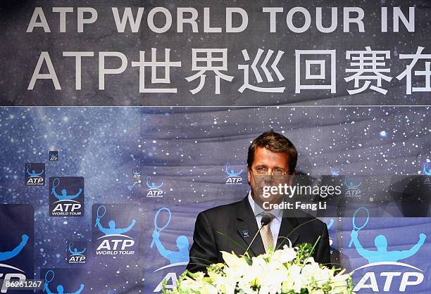 Of the ATP International Group, Brad Drewett, delivers a speech during a press conference at 798 Art Park on April 28, 2009 in Beijing, China. The...