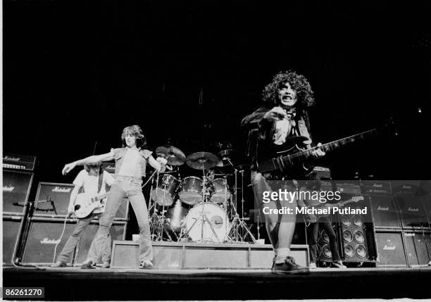 Vocalist Bon Scott in concert with Australian rock band AC/DC in New York, August 1979.