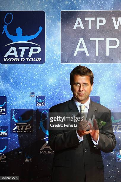 Of the ATP International Group, Brad Drewett, applauds during a press conference at 798 Art Park on April 28, 2009 in Beijing, China. The new ATP...