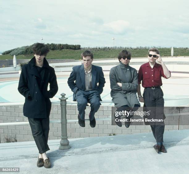 Portrait of British music group Echo & the Bunnymen, Blackpool, England, 1981. Pictured are, from left, Ian McCulloch, Pete de Freitas , Will...