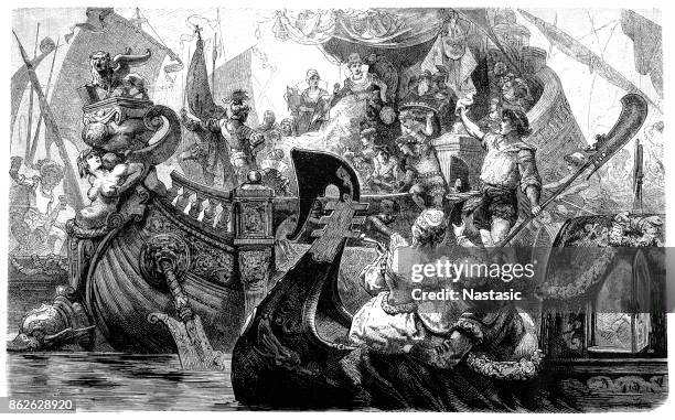 caterina of cornaro, widow of james ii of cyprus. in march 1489 she is forced to sell cyprus to venice - galleon stock illustrations