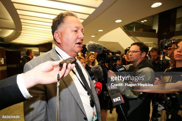 First MP Shane Jones speaks to media as coalition discussions continue at Parliament on October 18, 2017 in Wellington, New Zealand. Neither the...