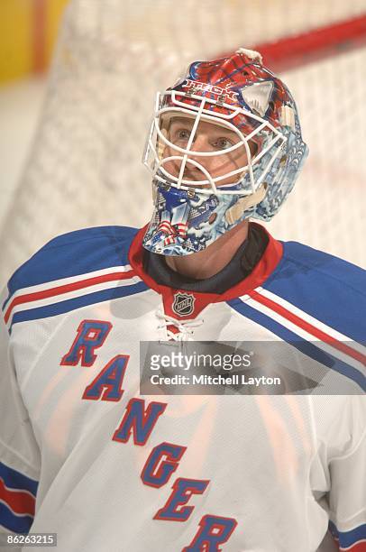 Henrik Lundqvist of the New York Rangers looks on during warm ups of Game Five of the Eastern Conference Quarterfinals of the 2009 NHL Stanley Cup...