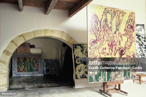 General interior views of the workshop studio of Belgian painter Pierre Alechinsky on August 7, 1995 in Provence, France.