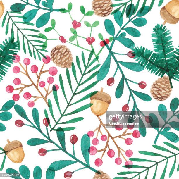 watercolor seamless background with winter elements - twig stock illustrations