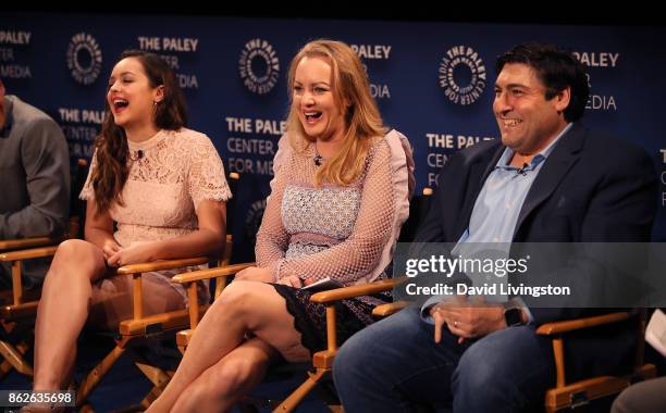 Actresses Hayley Orrantia and Wendi McLendon-Covey and executive producer Adam F. Goldberg attend "The Goldbergs" 100th episode celebration at The...