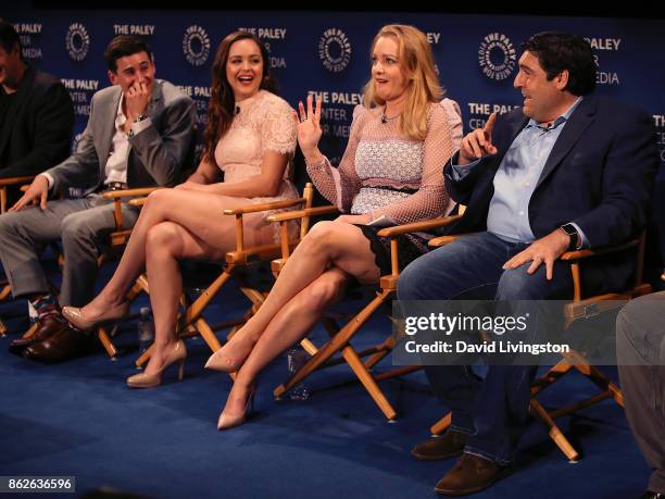 Actors Sam Lerner, Hayley Orrantia and Wendi McLendon-Covey and executive producer Adam F. Goldberg attend "The Goldbergs" 100th episode celebration...