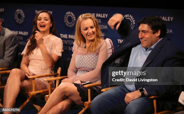 Actresses Hayley Orrantia and Wendi McLendon-Covey and executive producer Adam F. Goldberg attend "The Goldbergs" 100th episode celebration at The...