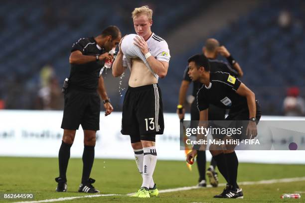 Dennis Jastrzembski of Germany holds the ball during the FIFA U-17 World Cup India 2017 Round of 16 match between Columbia and Germany at Jawaharlal...