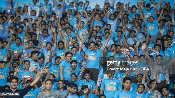 Fans wave prior the FIFA U-17 World Cup India 2017 Round of 16 match between Columbia and Germany at Jawaharlal Nehru Stadium on October 16, 2017 in...