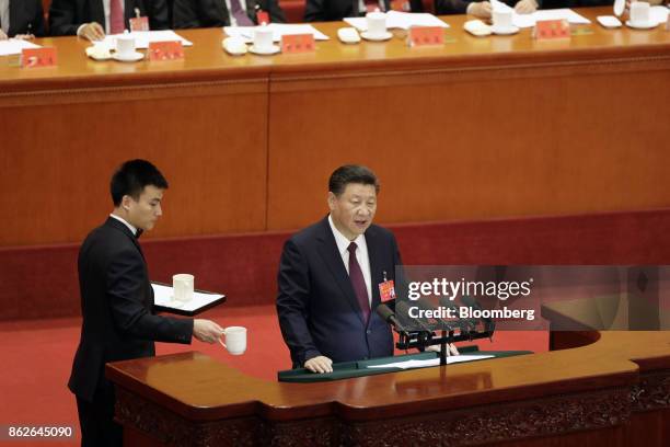 Xi Jinping, China's president, speaks during the opening of the 19th National Congress of the Communist Party of China at the Great Hall of the...