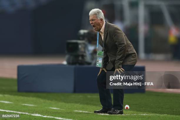 Orlando Restrepo head coach of Colombia reacts during the FIFA U-17 World Cup India 2017 Round of 16 match between Columbia and Germany at Jawaharlal...