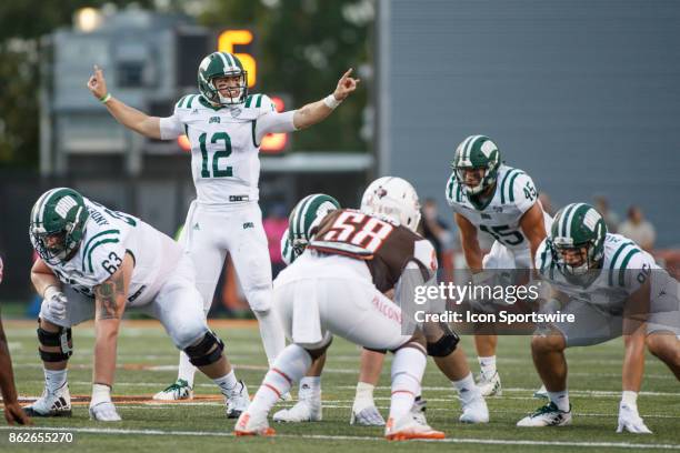 Ohio Bobcats quarterback Nathan Rourke calls out a play in the second half of a game between the Ohio Bobcats and the Bowling Green Falcons on...