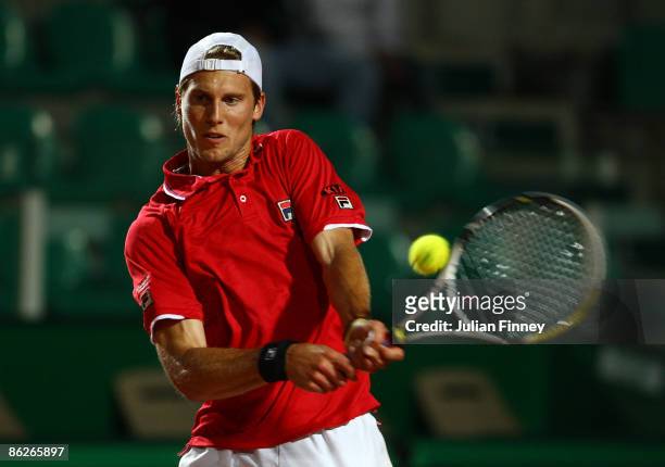 Andreas Seppi of Italy in action in his match against Sam Querrey of United States during day two of the Foro Italico Tennis Masters on April 28,...