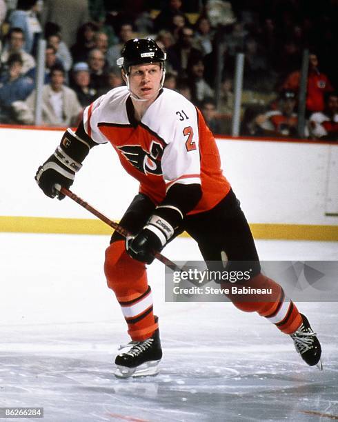 Mark Howe of the Philadelphia Flyers skates against the Boston Bruins at Boston Garden.