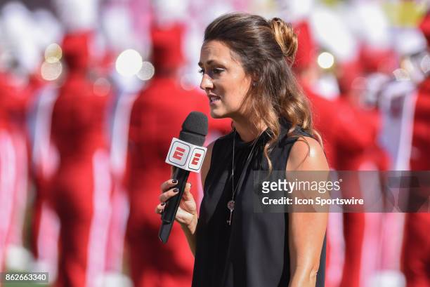 Sideline reporter Allison Williams during a college football game between the Michigan Wolverines and the Indiana Hoosiers on October 14, 2017 at...