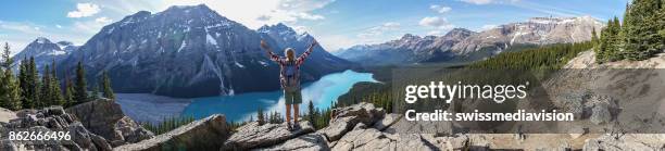 panoramic of girl on mountain top celebrating achievement - peyto lake stock pictures, royalty-free photos & images