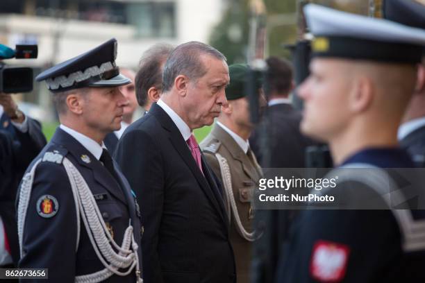 President of Turkey Recep Tayyip Erdogan during his visit in Poland lay flowers at Tomb of the Unknown Soldier in Warsaw, Poland on 17 October 2017