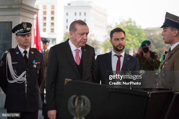 President of Turkey Recep Tayyip Erdogan during his visit in Poland lay flowers at Tomb of the Unknown Soldier in Warsaw, Poland on 17 October 2017