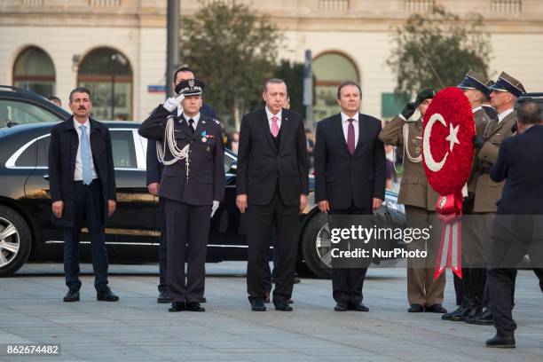 President of Turkey Recep Tayyip Erdogan during his visit in Poland lay flowers at Tomb of the Unknown Soldier in Warsaw, Poland on 17 October 2017