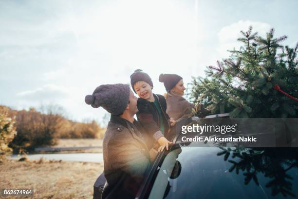 het is onze kerstboom! - couple in car smiling stockfoto's en -beelden