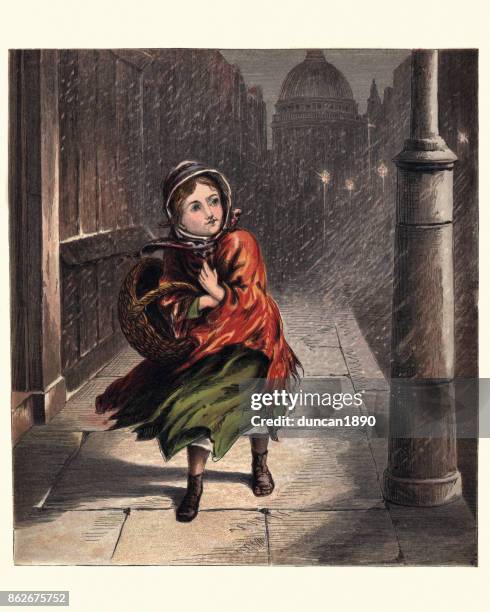 little victorian girl on cold rainy london night, 1870 - girl rain night stock illustrations