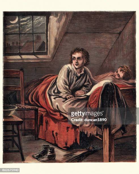 victorian children sleeping in a attic room, 1870 - child asleep in bedroom at night stock illustrations