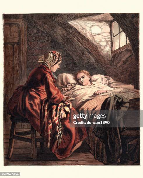 victorian mother caring for her sick child, 1870 - child care stock illustrations