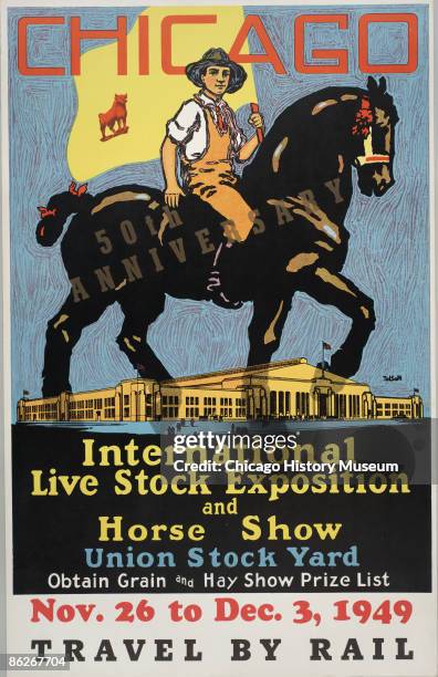 Poster for the International Live Stock Exposition boldly commemmorates the event's 50th anniversary with bright colors and bold design, Chicago,...