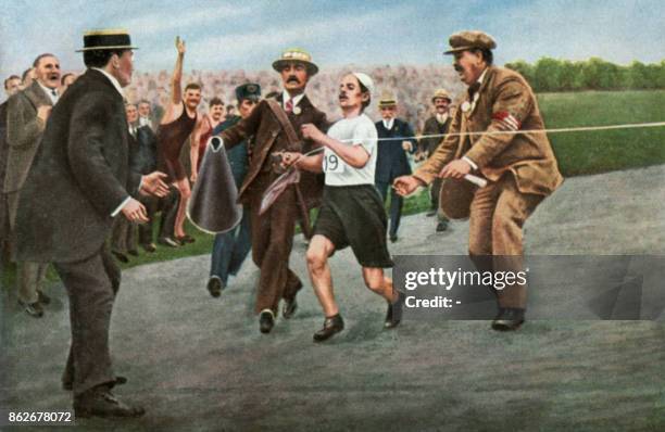 Artist's rendition of Italian Dorando Pietri, flanked by two officials, breaking the tape at the finish of the Olympic marathon in July 1908 in...