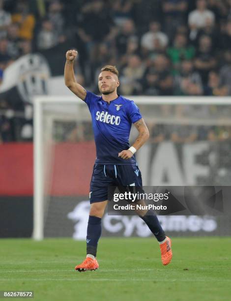 Ciro Immobile of Lazio player exults for the goal scored during the match valid for Italian Football Championships - Serie A 2017-2018 between FC...