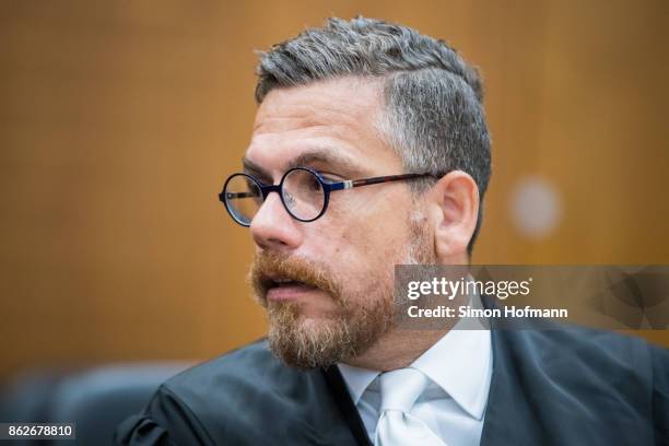 Thomas Koblenzer, lawyer of Daniel M., looks on ahead of his client's trial on charges of spying for the Swiss government on October 18, 2017 in...