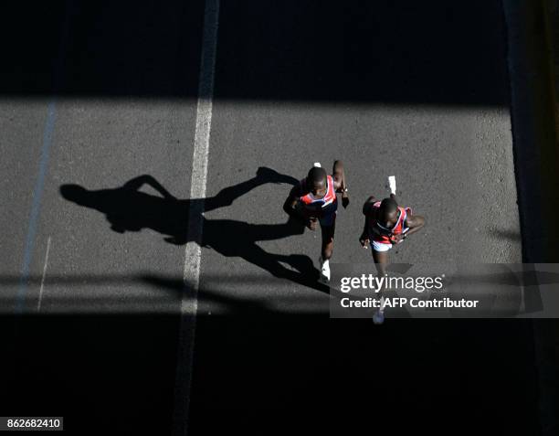Kenyan runners lead the race of the Athens Classic Marathon, 05 November 2006. The Marathon race is named after the legend, Phidippides, the man who...