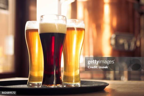 glasses of lager and ale beer in front of copper vat - ale stock pictures, royalty-free photos & images