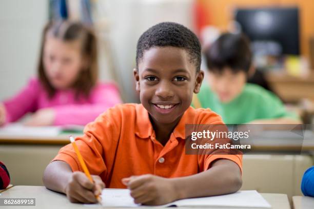 lycklig pojke i klass - portrait of teacher and student bildbanksfoton och bilder