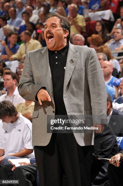 Head Coach Stan Van Gundy of the Orlando Magic coaches against the Philadelphia 76ers in Game Five of the Eastern Conference Quarterfinals during the...