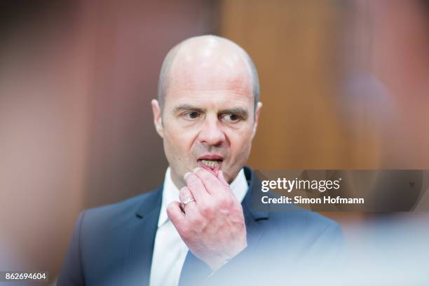 Lienhard Weiss, prosecuting attorney, reacts ahead of Daniel M.'s trial on charges of spying for the Swiss government on October 18, 2017 in...