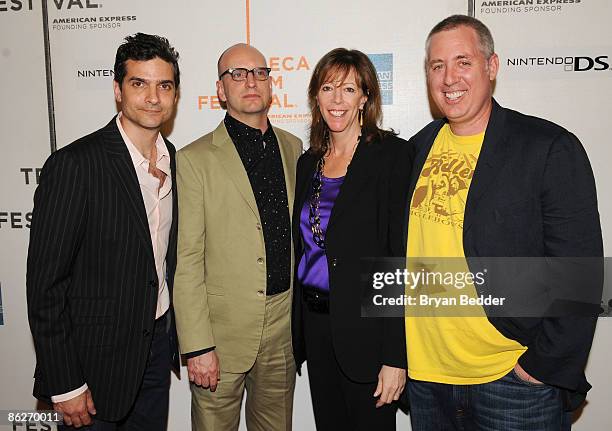 Writer David Levien, director Steven Soderbergh, Tribeca Film Festival co-founder Jane Rosentha and writer Brian Koppelman attend the premiere of...