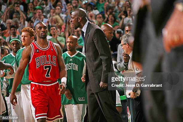 Kevin Garnett of the Boston Celtics celebrates against Ben Gordon of the Chicago Bulls in Game Five of the Eastern Conference Quarterfinals during...