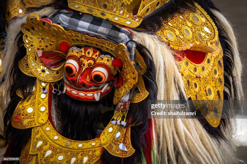 Barong dance mask of lion in Ubud, Bali, Indonesia. Barong dance is the most popular dance for tourists.