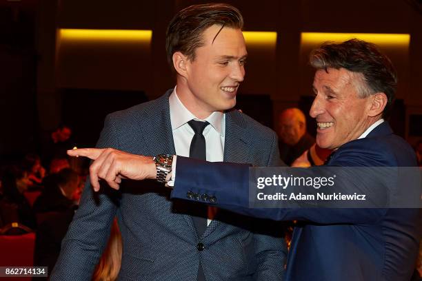 Sebastian Coe President of IAAF and Karsten Warholm from Norway while Golden Tracks Gala on October 14, 2017 in Vilnius, Lithuania.